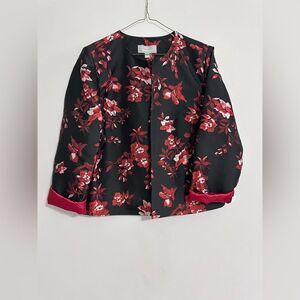 NWT Dennis Basso Platinum Red Black Floral Jacquard Cropped Jacket